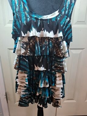 NY Collection Teal Black White Tiered Ruffle Tank Top
